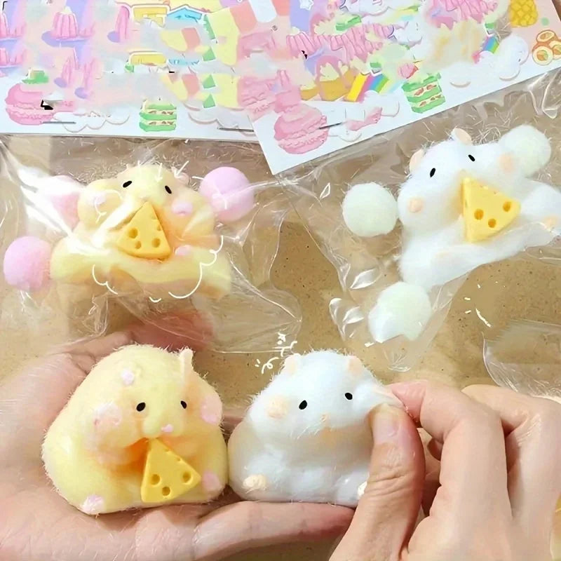 Squishy Hamster Toy with Cheese Cute Desktop Decor Funny Stress Relief Decompression Fidget Toys for Teens Kids Adults Gift