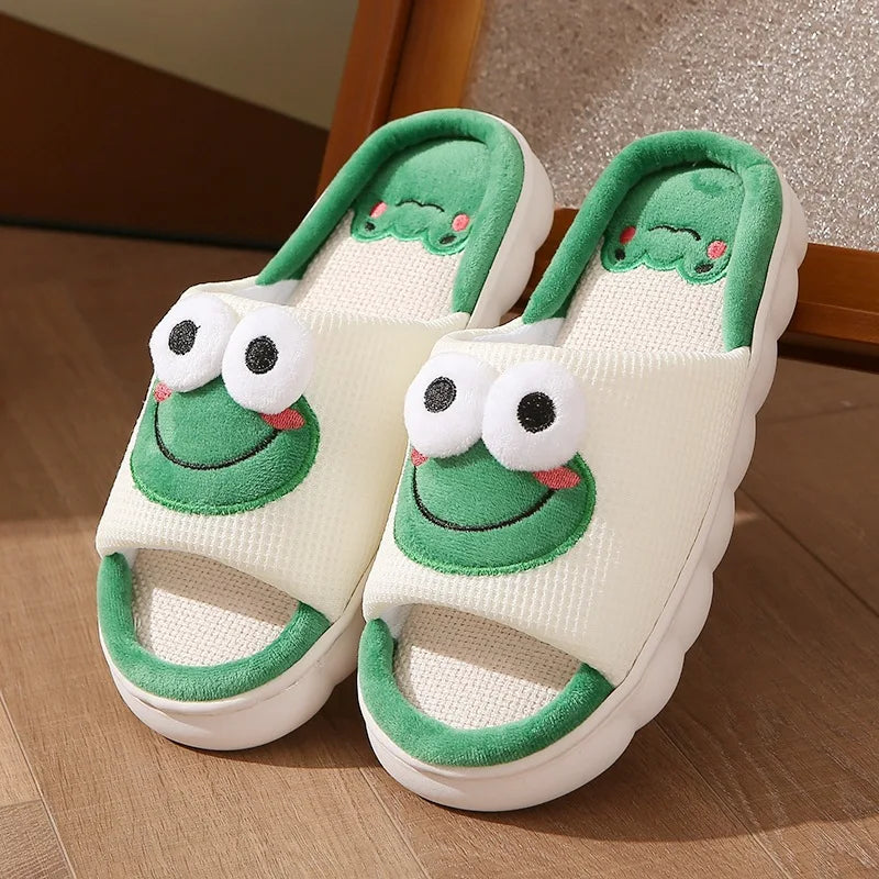 New Linen Slippers Spring/Summer Home Anti Slip Shoes Thick Bottom Cartoon Frog Slippers
