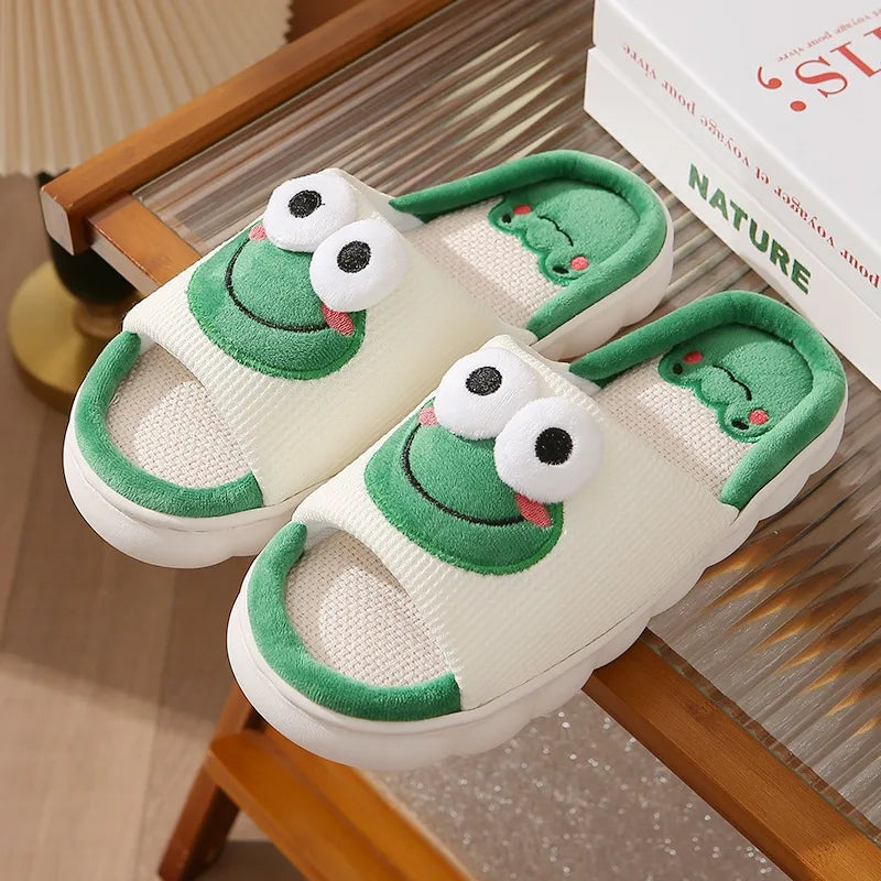 New Linen Slippers Spring/Summer Home Anti Slip Shoes Thick Bottom Cartoon Frog Slippers