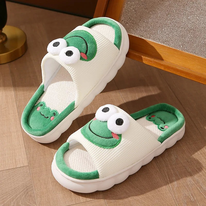 New Linen Slippers Spring/Summer Home Anti Slip Shoes Thick Bottom Cartoon Frog Slippers
