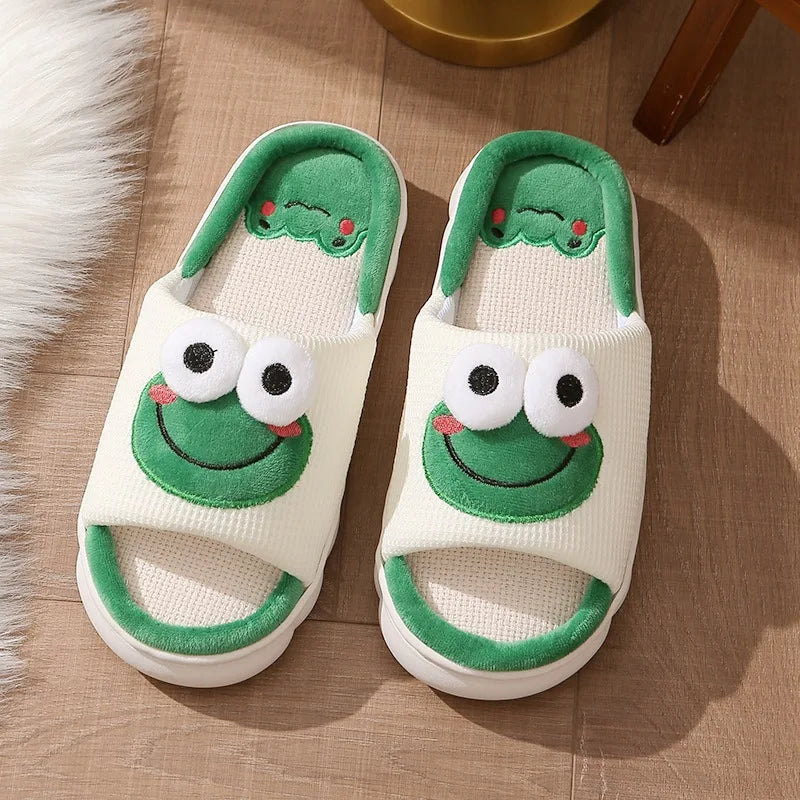 New Linen Slippers Spring/Summer Home Anti Slip Shoes Thick Bottom Cartoon Frog Slippers