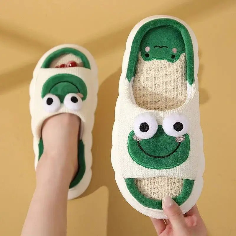 New Linen Slippers Spring/Summer Home Anti Slip Shoes Thick Bottom Cartoon Frog Slippers