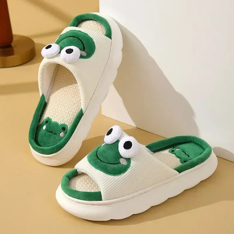 New Linen Slippers Spring/Summer Home Anti Slip Shoes Thick Bottom Cartoon Frog Slippers